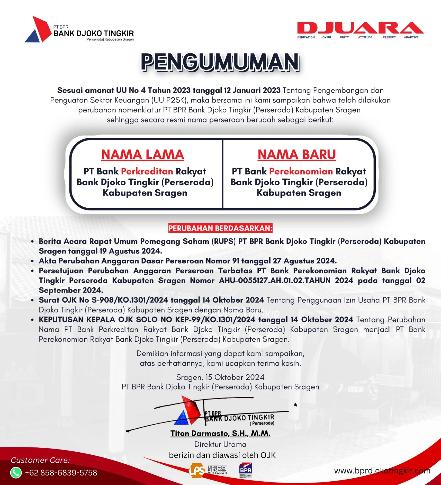 Pengumuman Perubahan Nomenklatur PT BPR BANK DJOKO TINGKIR (Perseroda) Kabupaten Sragen