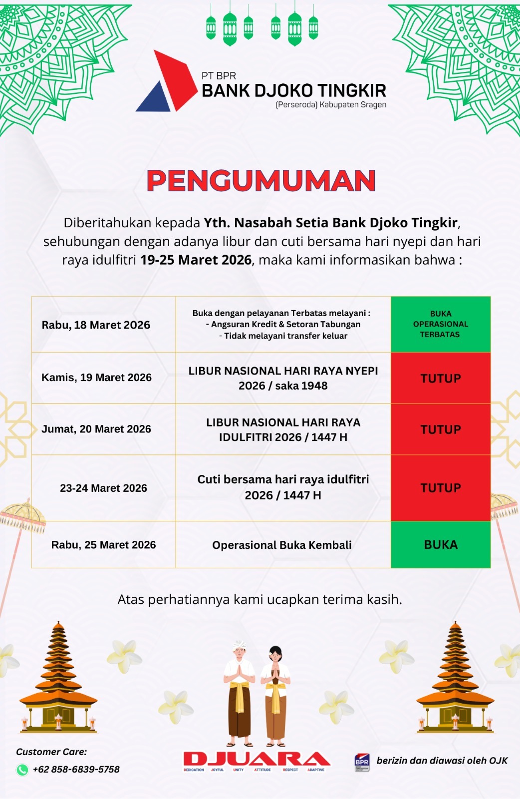 Pengumuman Libur dan Cuti Bersama Hari Raya Nyepi dan Hari Raya Idul Fitri 19 - 25 Maret 2026