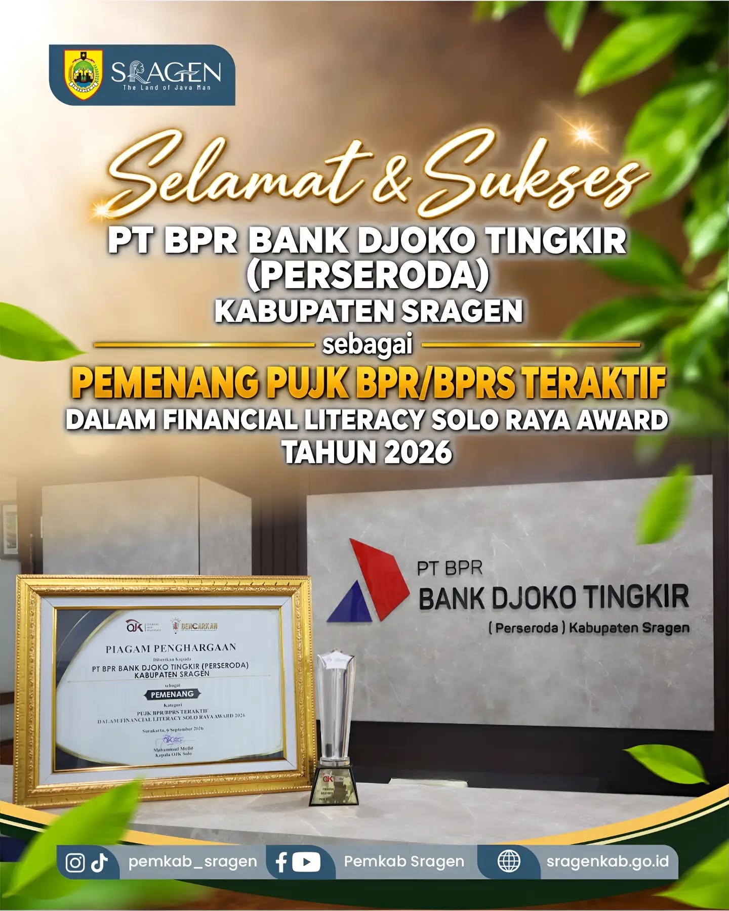 PT BPR Bank Djoko Tingkir (Perseroda) Kabupaten Sragen Kembali Menorehkan Prestasi Membanggakan