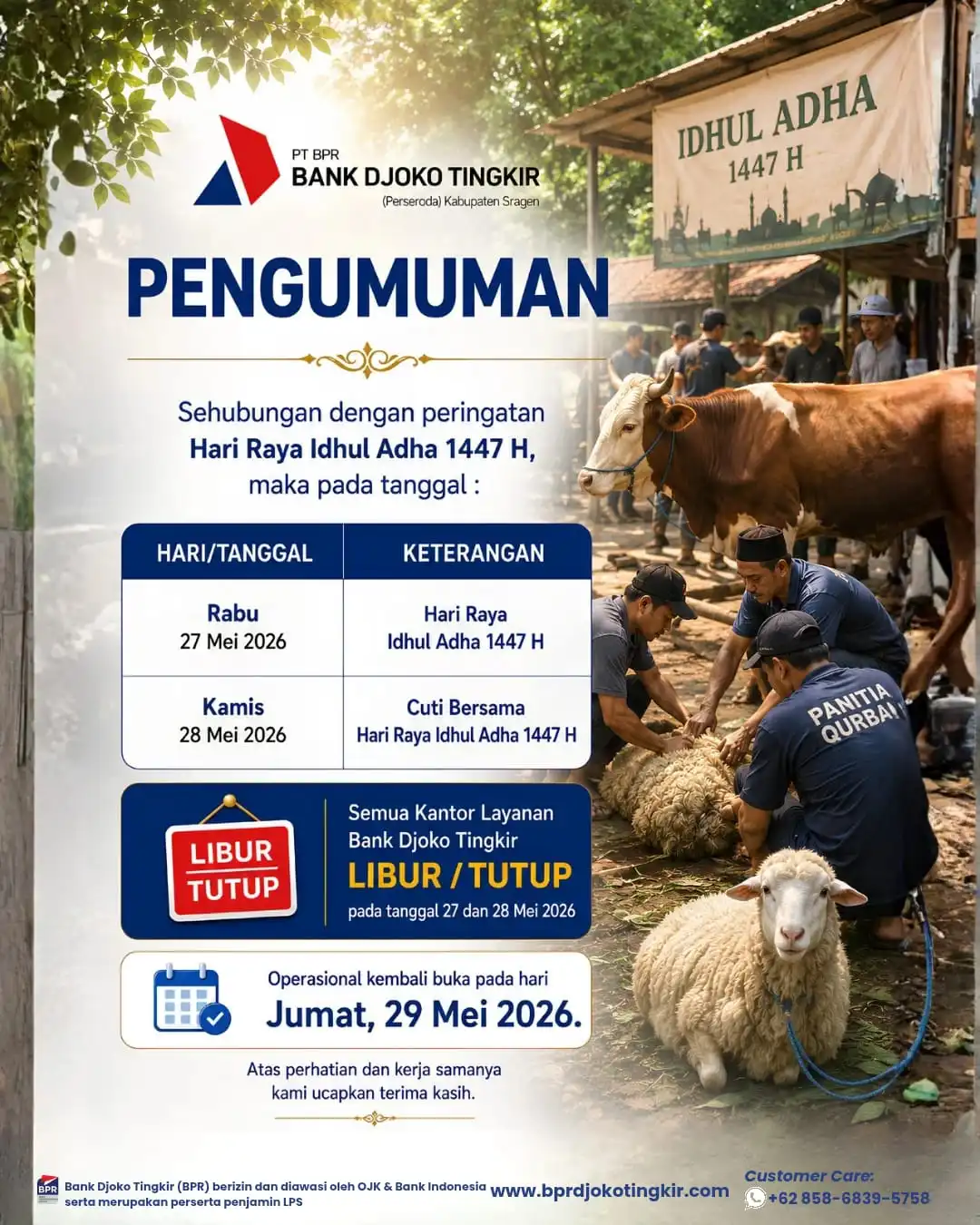 Pengumuman Libur Operasional Bank Djoko Tingkir dalam Rangka Hari Raya Idul Adha 1447 H