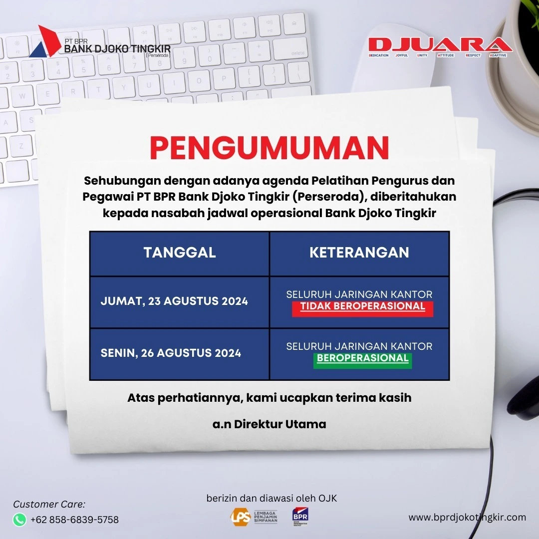Pengumuman Operasional Bank Djoko Tingkir