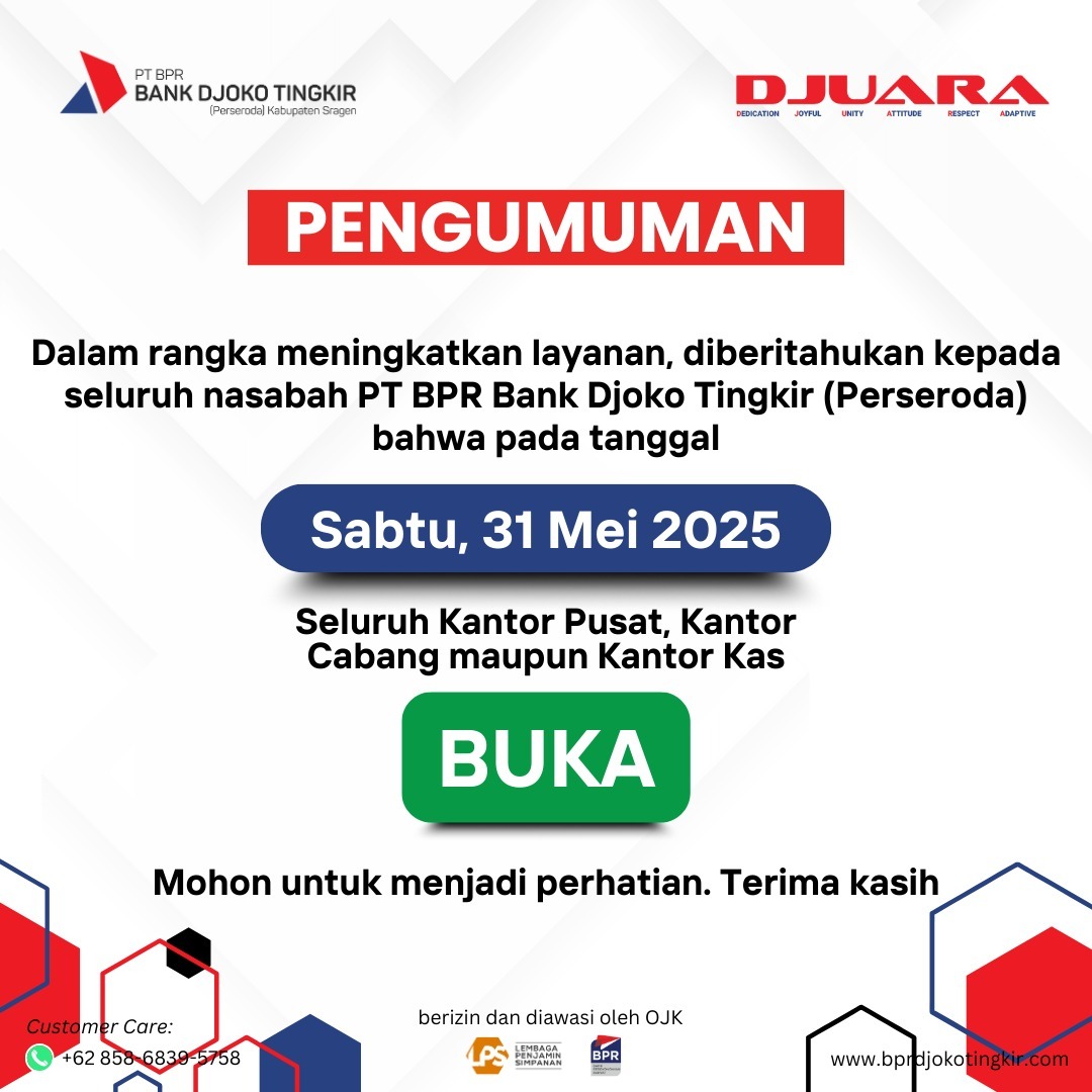 Pengumuman Buka Operasional Seluruh Kantor Sabtu 31 Mei 2025
