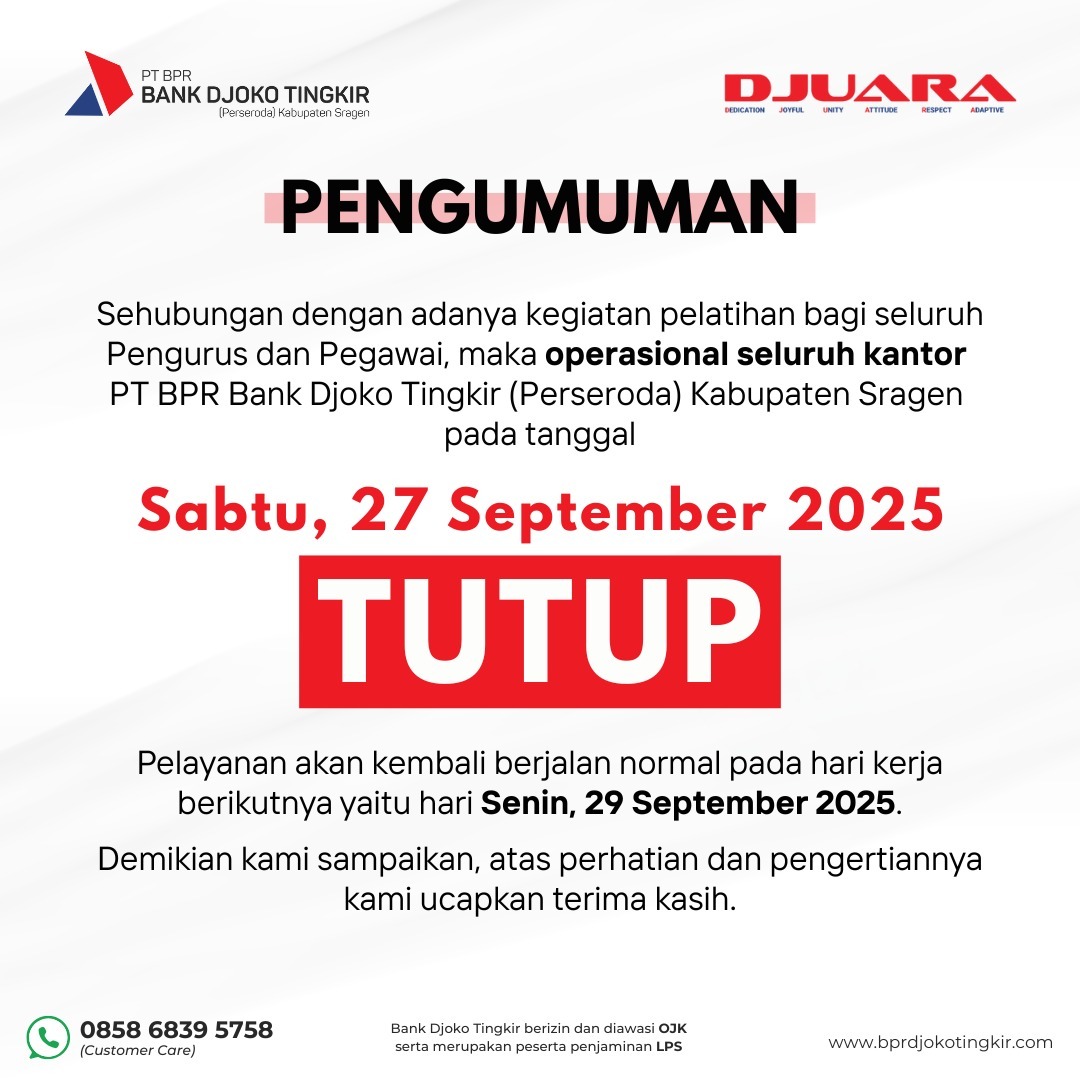 Pengumuman Tutup Operasional Sabtu 27 September 2025