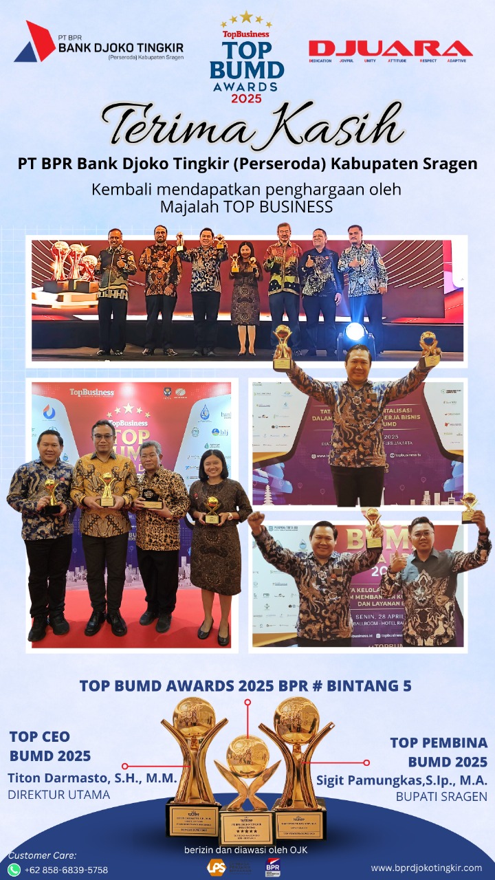Bank Djoko Tingkir Kembali Mendapatkan Penghargaan Bergengsi TOP BUMD Awards 2025