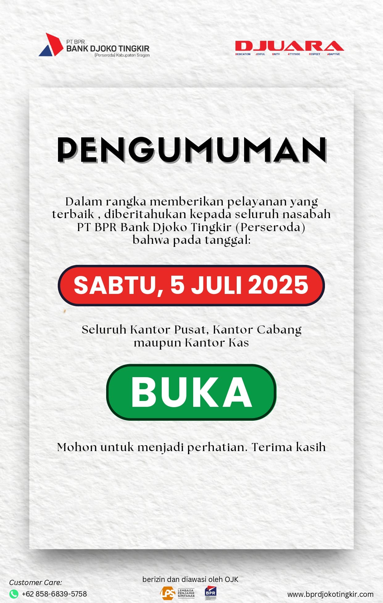 Pengumuman Buka Operasional Seluruh Kantor Sabtu 05 Juli 2025