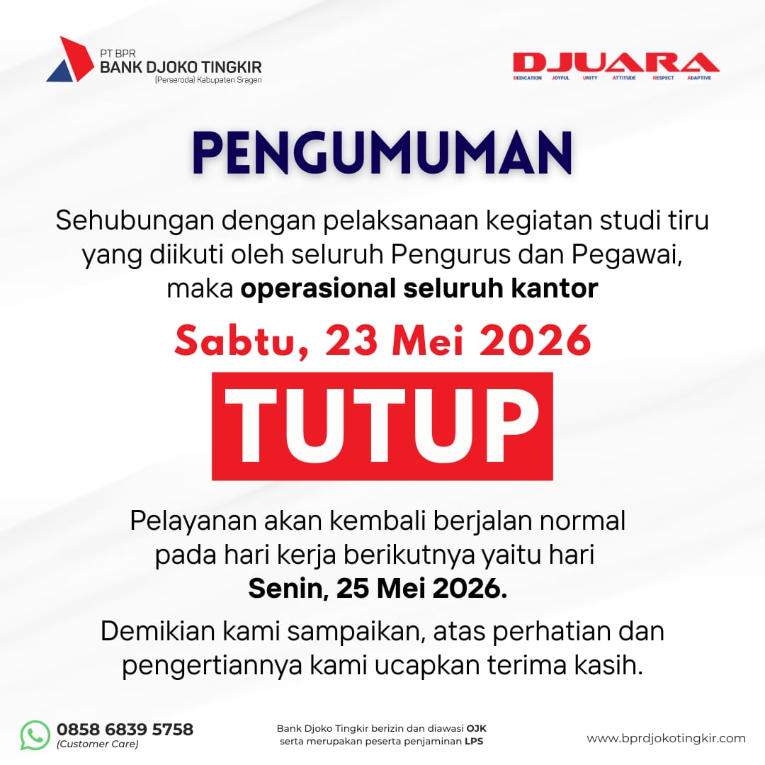 Pengumuman Tutup Operasional Sabtu, 23 Mei 2026