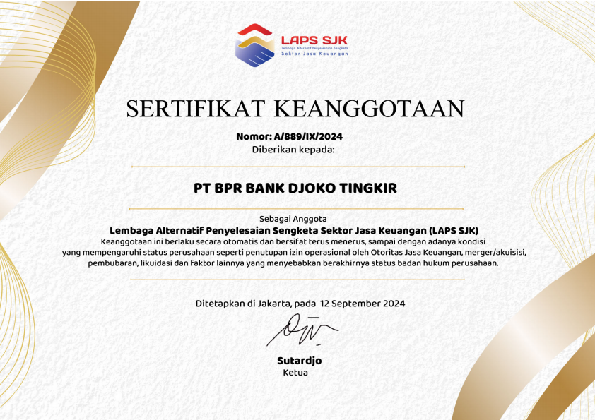 Sertifikat Keanggotaan LAPS SJK - PT BPR Bank Djoko Tingkir (Perseroda) Kabupaten Sragen